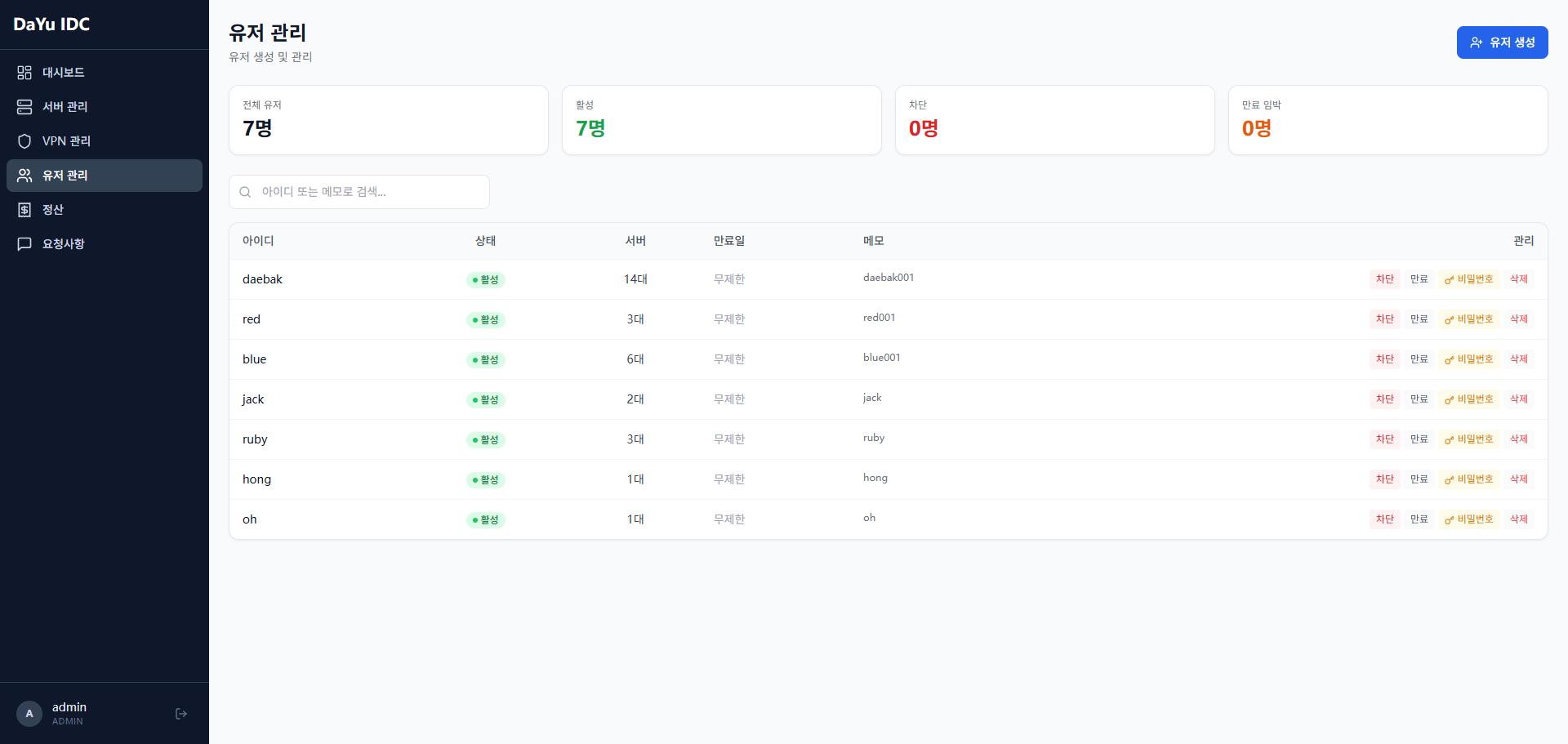 유저 관리 화면